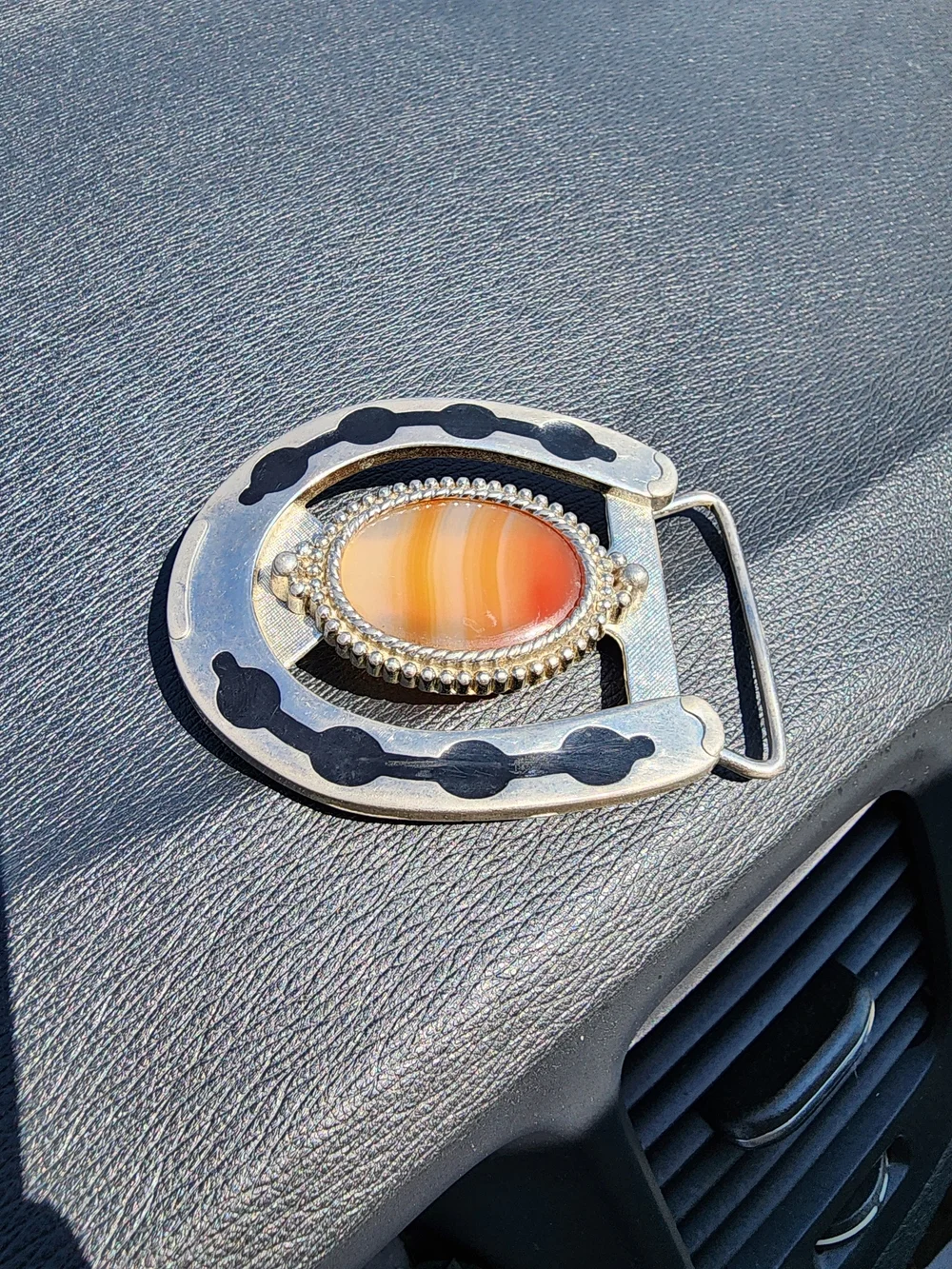 Vintage Southwestern Silver Horseshoe Belt Buckle with Orange Agate Stone